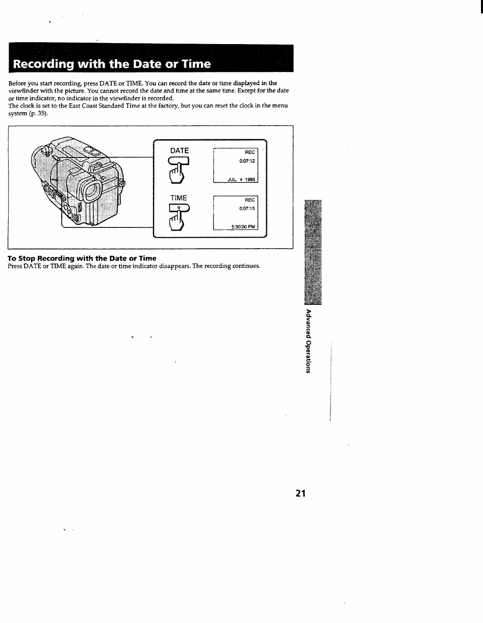 Recording with the date or time, To stop recording with the date or time | Sony CCD-TR600 User Manual | Page 21 / 55