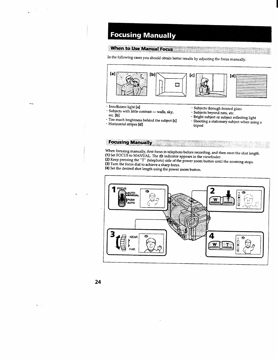 Focusing manually, When to use manual focus | Sony CCD-TR600 User Manual | Page 24 / 55