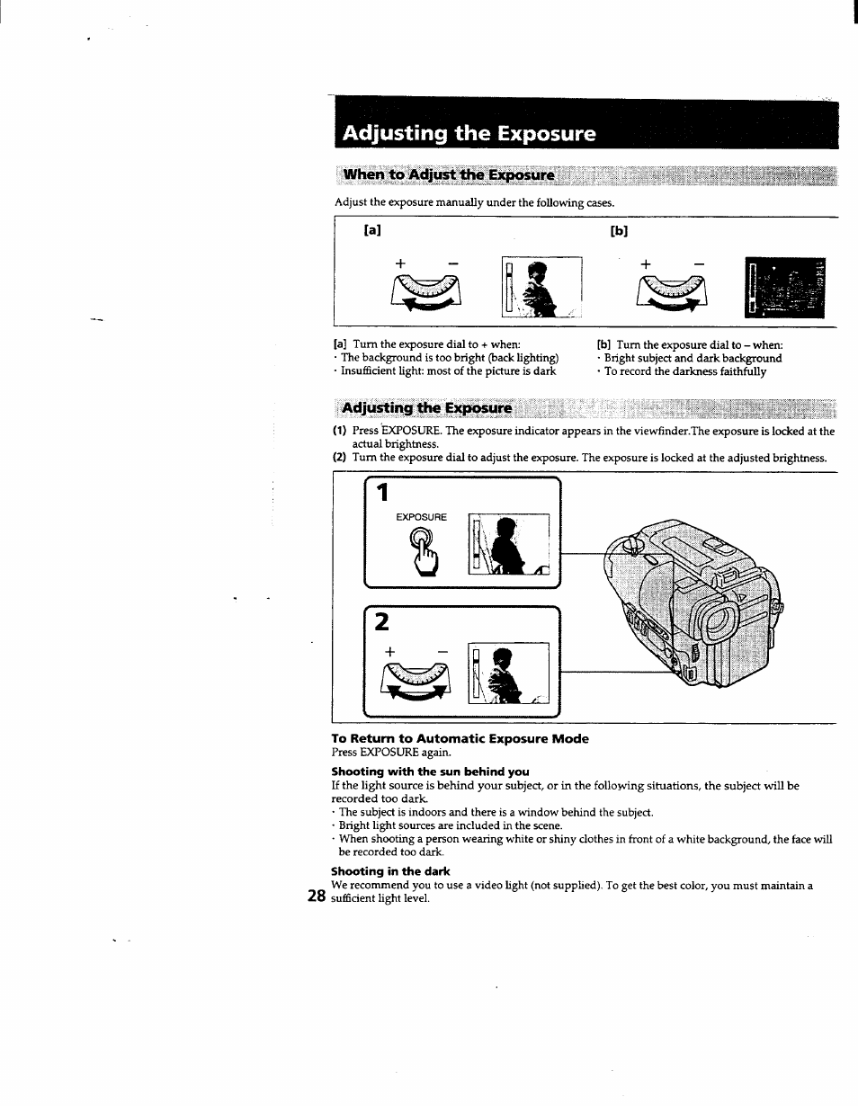 Adjusting the exposure, To return to automatic exposure mode | Sony CCD-TR600 User Manual | Page 28 / 55
