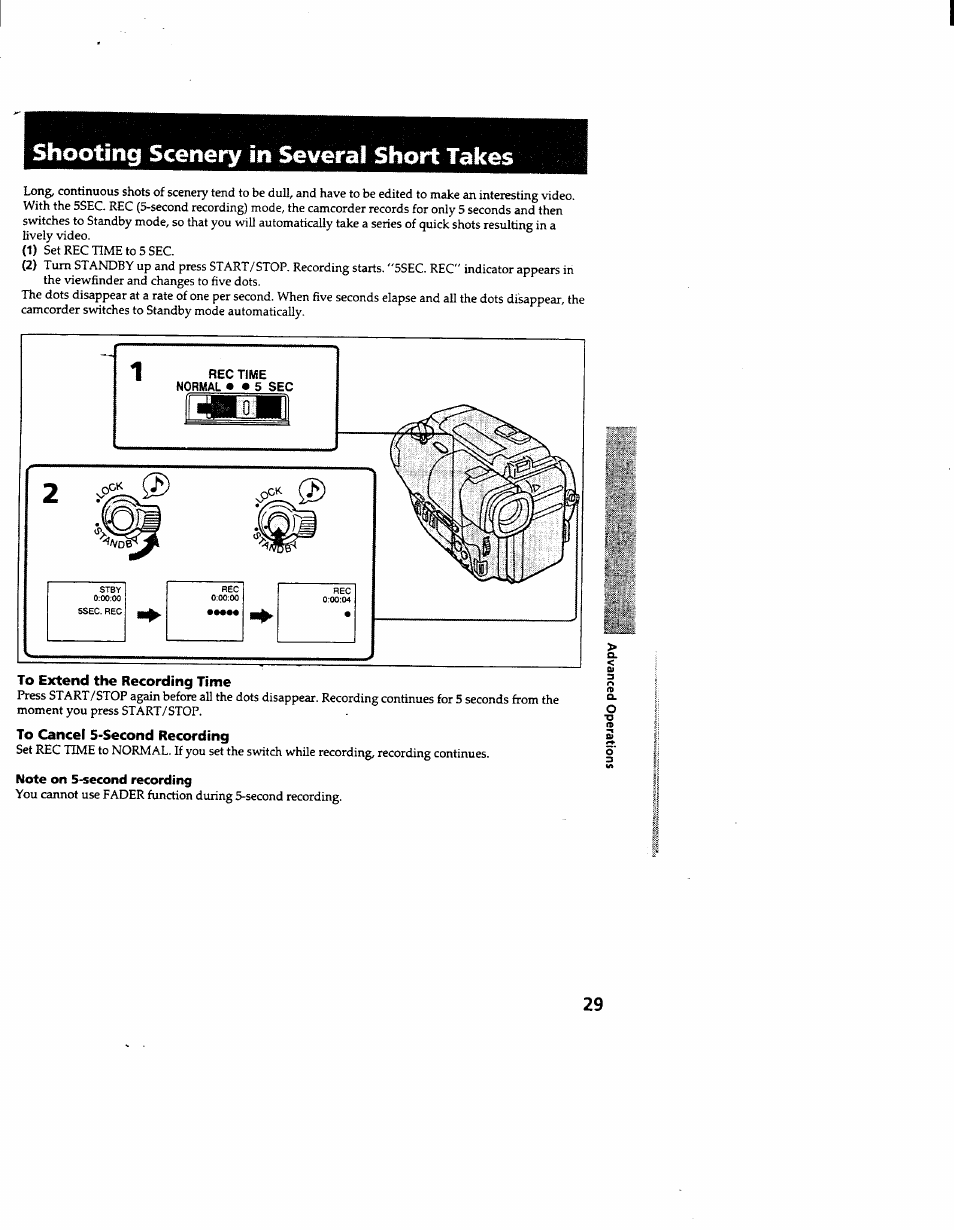 Shooting scenery in several short takes, To extend the recording time, To cancel 5-second recording | Note on 5-second recording | Sony CCD-TR600 User Manual | Page 29 / 55