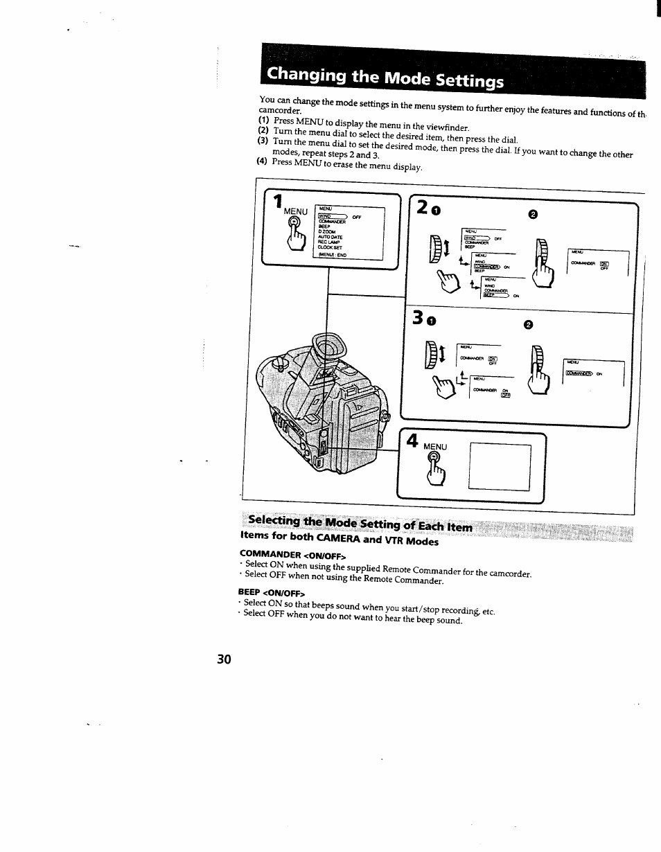 Changing the mode settings, Beep <on/off, Selecting the mode setting of each item | Sony CCD-TR600 User Manual | Page 30 / 55