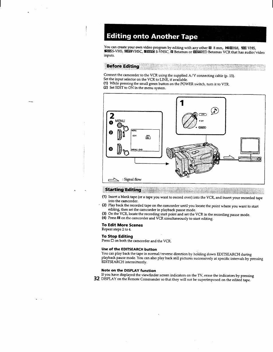 Editing onto another tape, Before editing, Starting editing | To edit more scenes, To stop editing, Use of the editsearch button, Note on the display function | Sony CCD-TR600 User Manual | Page 32 / 55