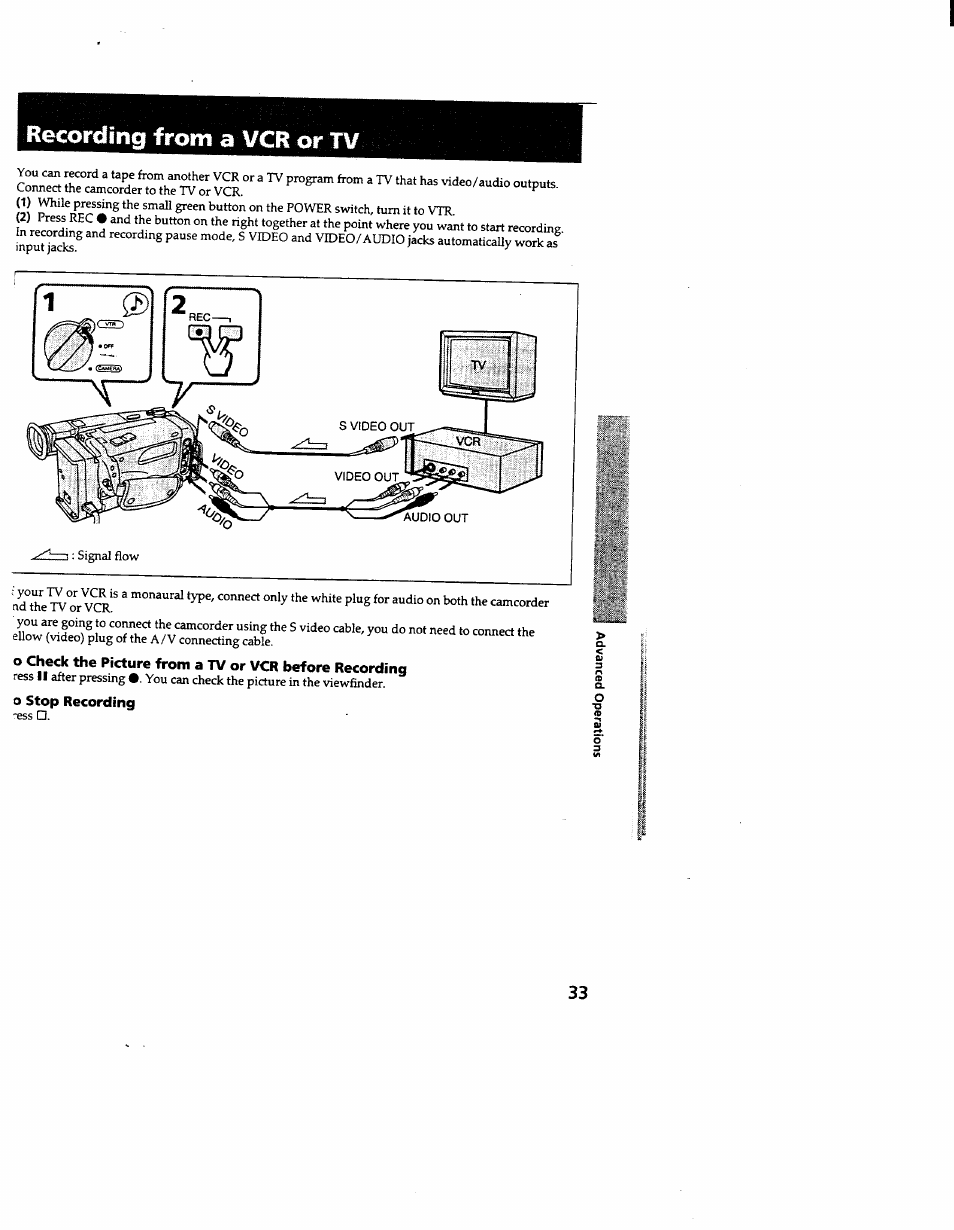 Recording from a vcr or tv, O stop recording | Sony CCD-TR600 User Manual | Page 33 / 55