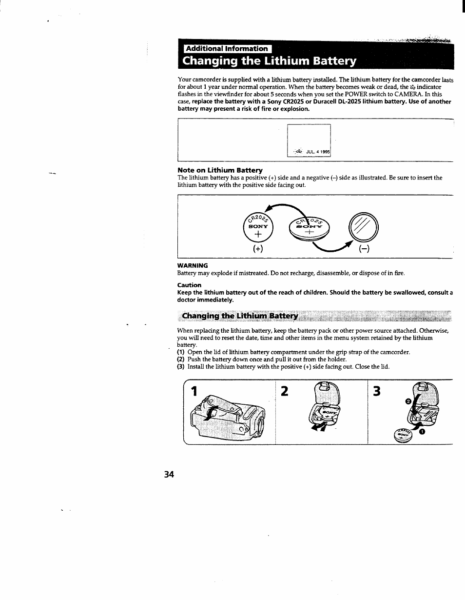 Changing the lithium battery, Note on lithium battery, Warning | Caution | Sony CCD-TR600 User Manual | Page 34 / 55