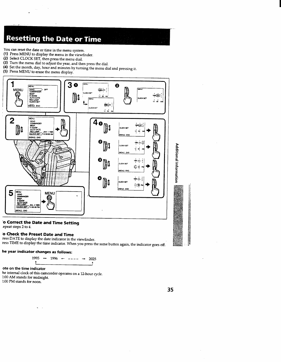 Resetting the date or time, O correct the date and time setting, O check the preset date and time | He year indicator changes as follows | Sony CCD-TR600 User Manual | Page 35 / 55