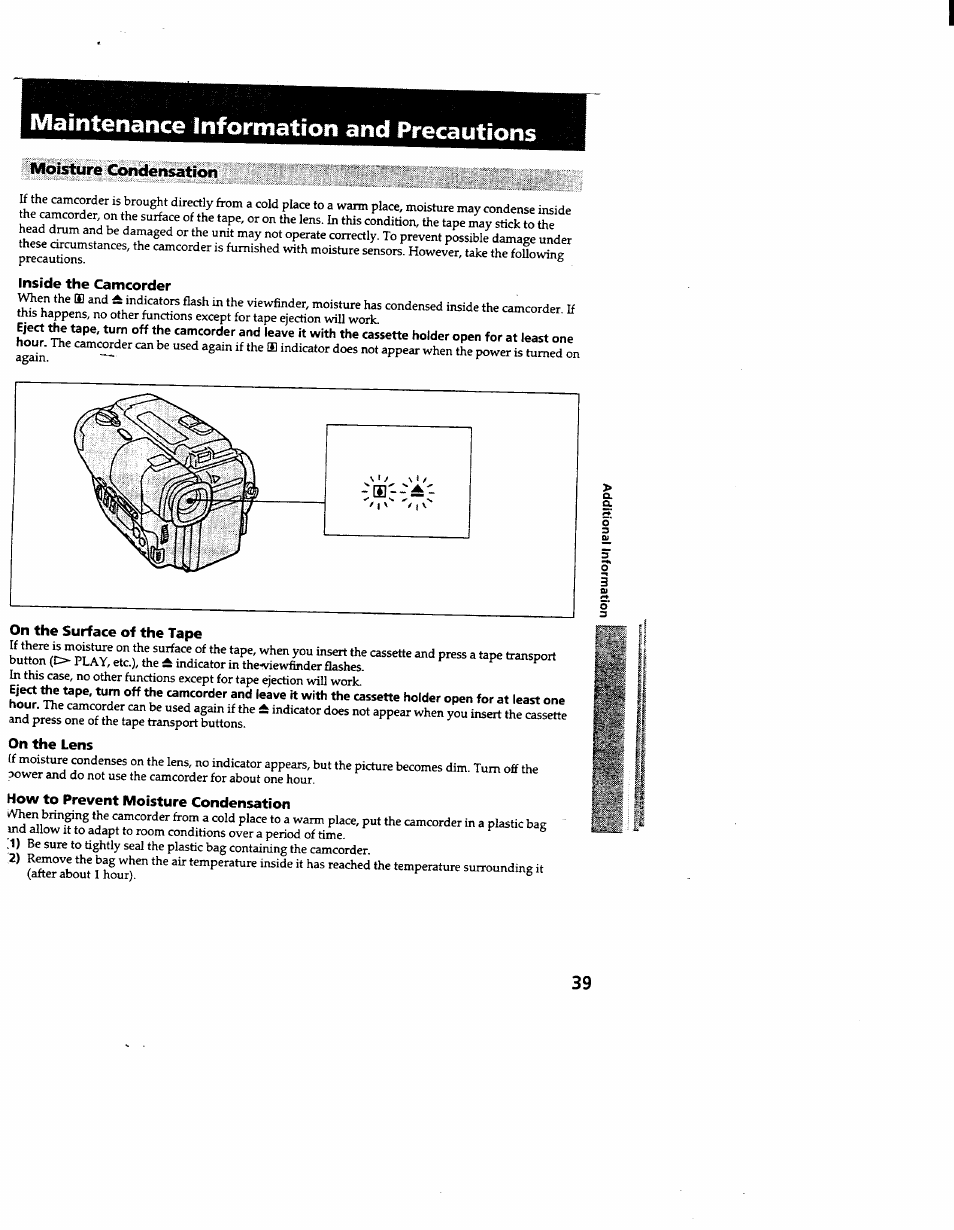 Maintenance information and precautions, Moisture condensation, Inside the camcorder | On the surface of the tape, On the lens, How to prevent moisture condensation | Sony CCD-TR600 User Manual | Page 39 / 55