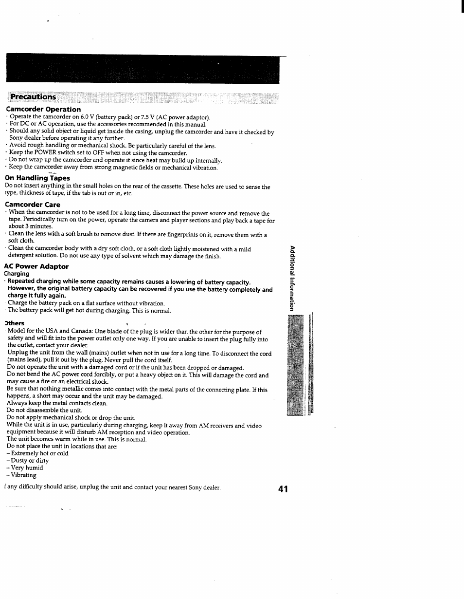 Precautions, Camcorder operation, On handling tapes | Camcorder care, Ac power adaptor, Others | Sony CCD-TR600 User Manual | Page 41 / 55