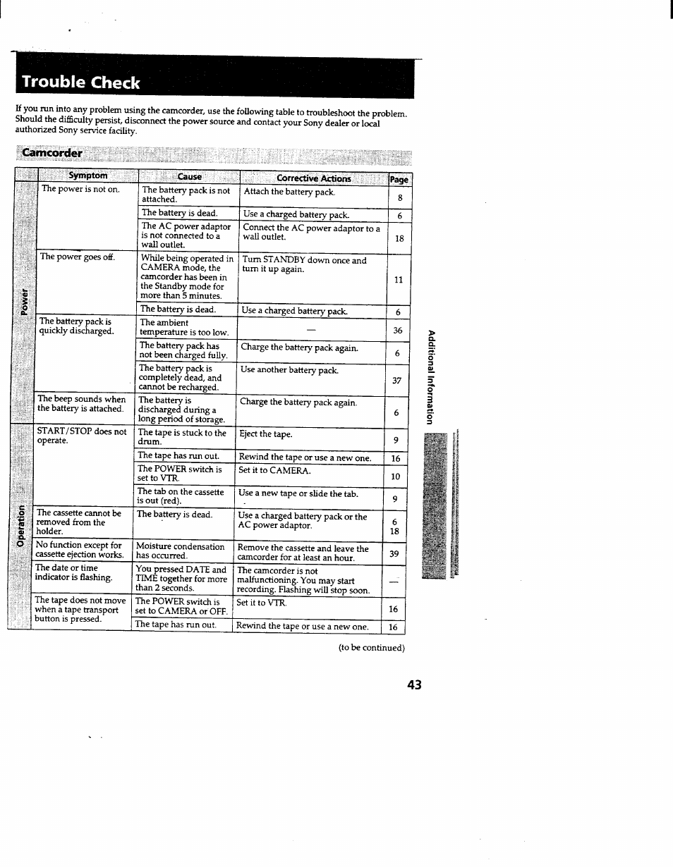 Trouble check, Camcorder | Sony CCD-TR600 User Manual | Page 43 / 55