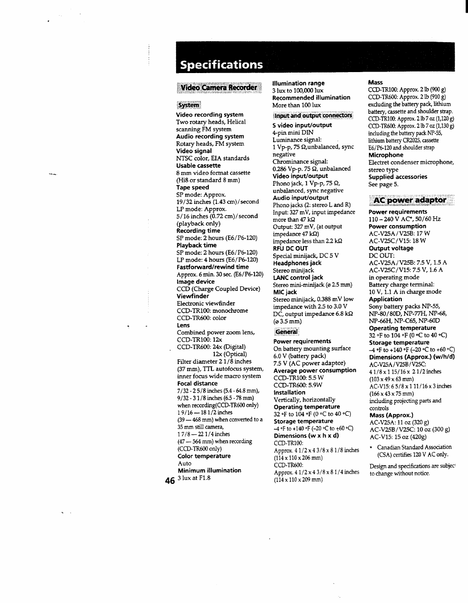 Specifications, Wdeo camera recorder, System | Illumination range, General, Mass, Ac power adaptor | Sony CCD-TR600 User Manual | Page 46 / 55