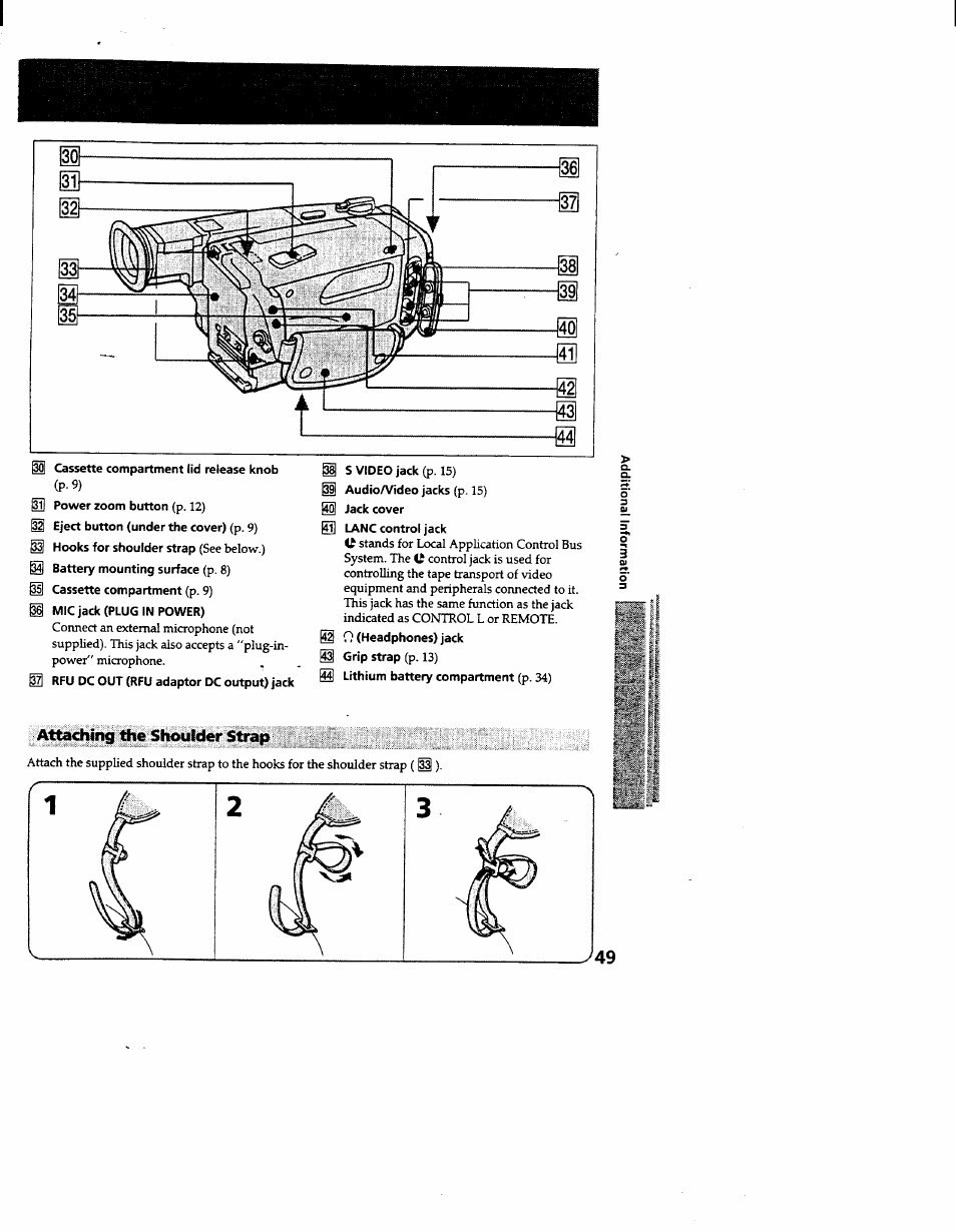 Attaching the shoulder strap | Sony CCD-TR600 User Manual | Page 49 / 55