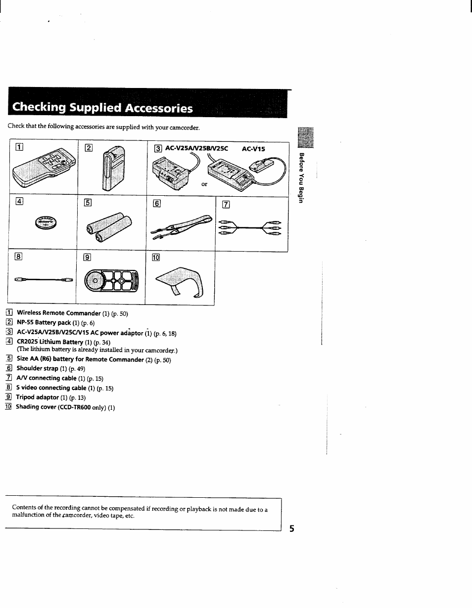 Checking supplied accessories, Wireless remote commander (1) (p. 50) | Sony CCD-TR600 User Manual | Page 5 / 55