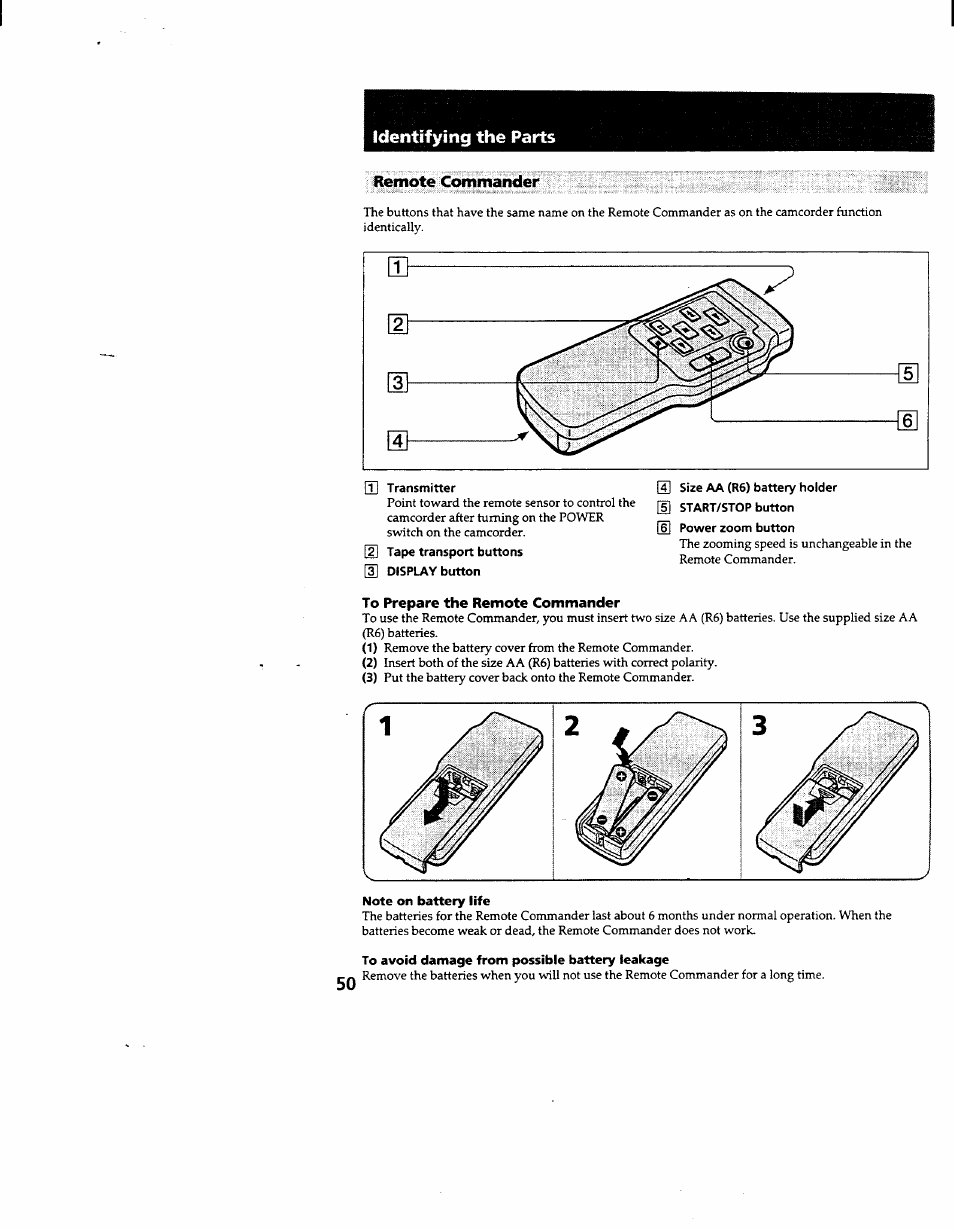Remote commander, To prepare the remote commander, Note on battery life | To avoid damage from possible battery leakage | Sony CCD-TR600 User Manual | Page 50 / 55