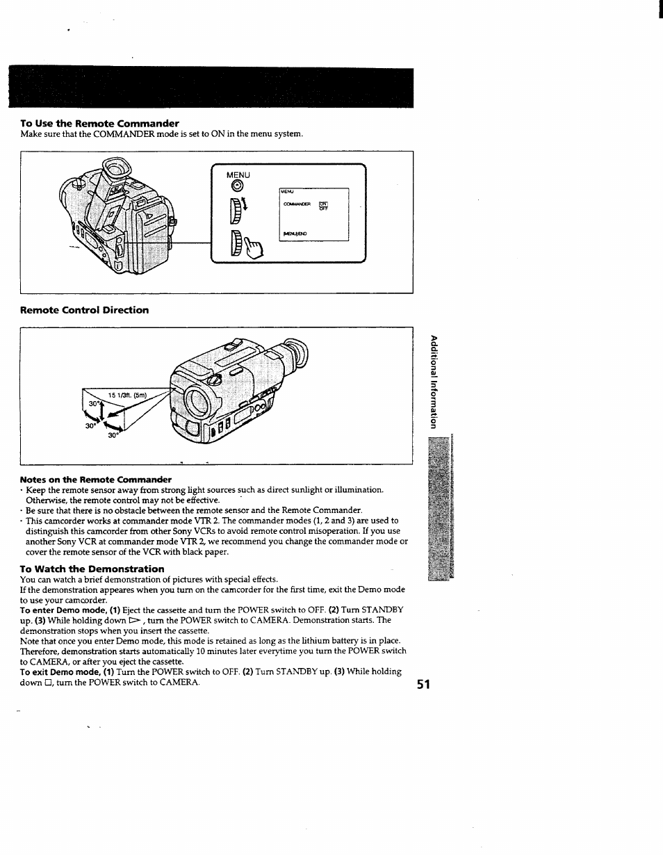 To use the remote commander, Remote control direction, Notes on the remote commander | To watch the demonstration | Sony CCD-TR600 User Manual | Page 51 / 55
