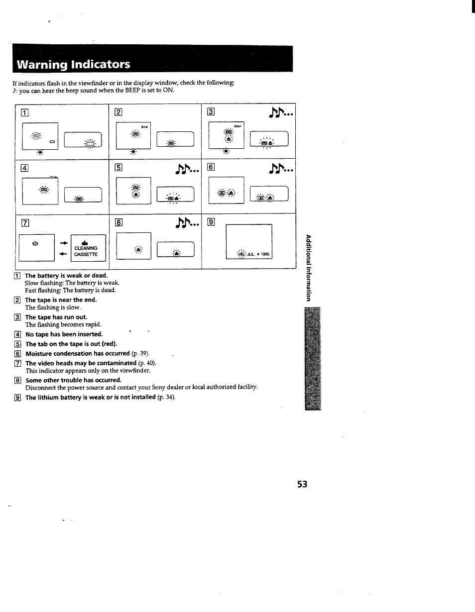 Warning indicators | Sony CCD-TR600 User Manual | Page 53 / 55