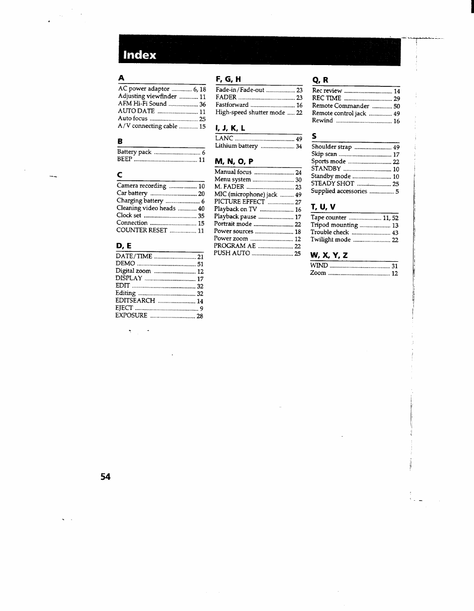 T, u,v | Sony CCD-TR600 User Manual | Page 54 / 55