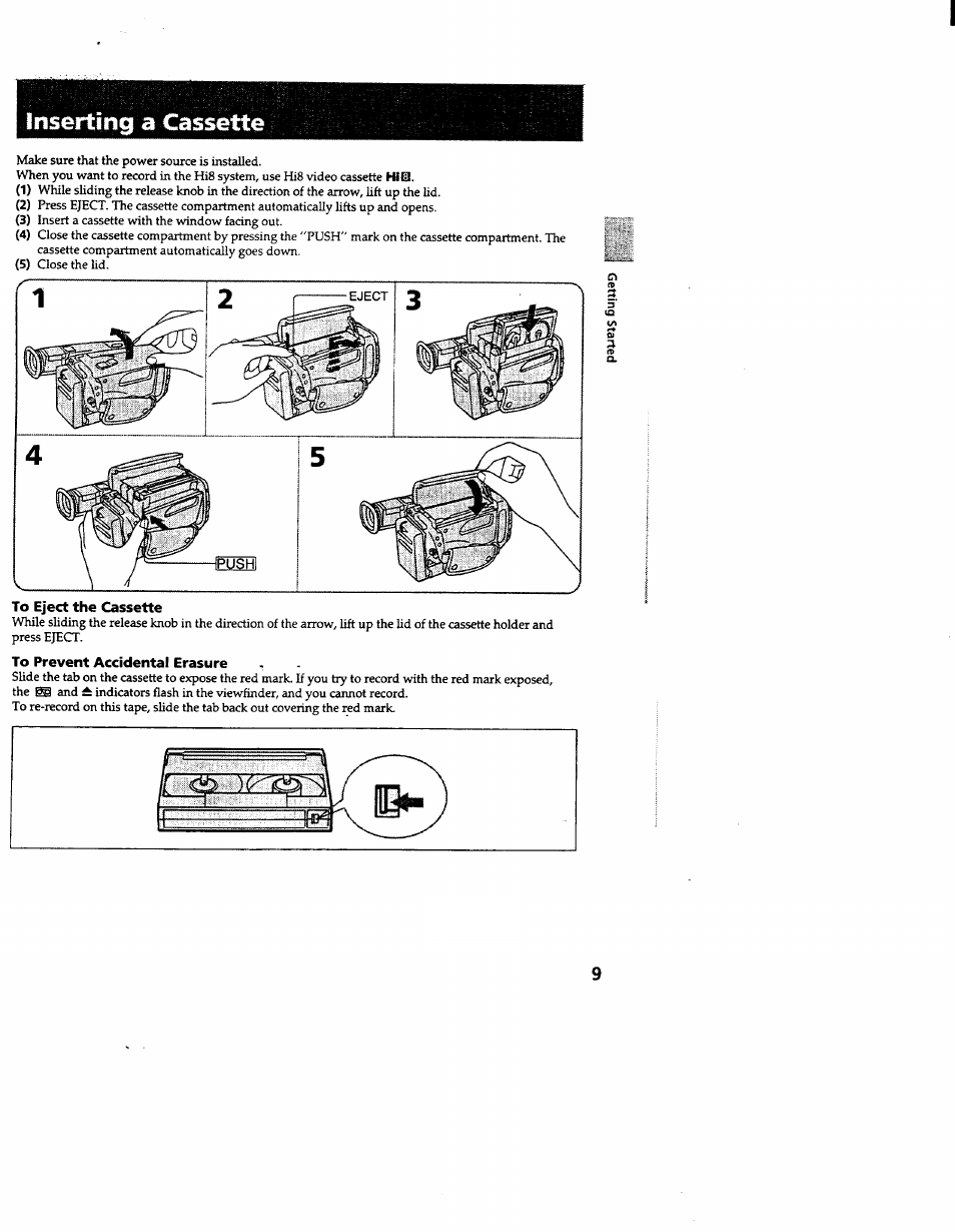 Inserting a cassette, To eject the cassette, To prevent accidental erasure | Sony CCD-TR600 User Manual | Page 9 / 55