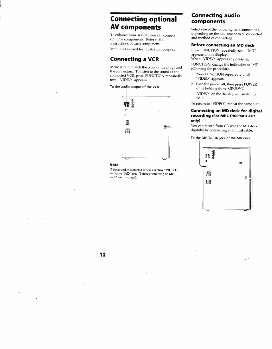 Connecting optional av components, Connecting a vcr, Connecting audio components | Sony MHC-F100 User Manual | Page 10 / 50