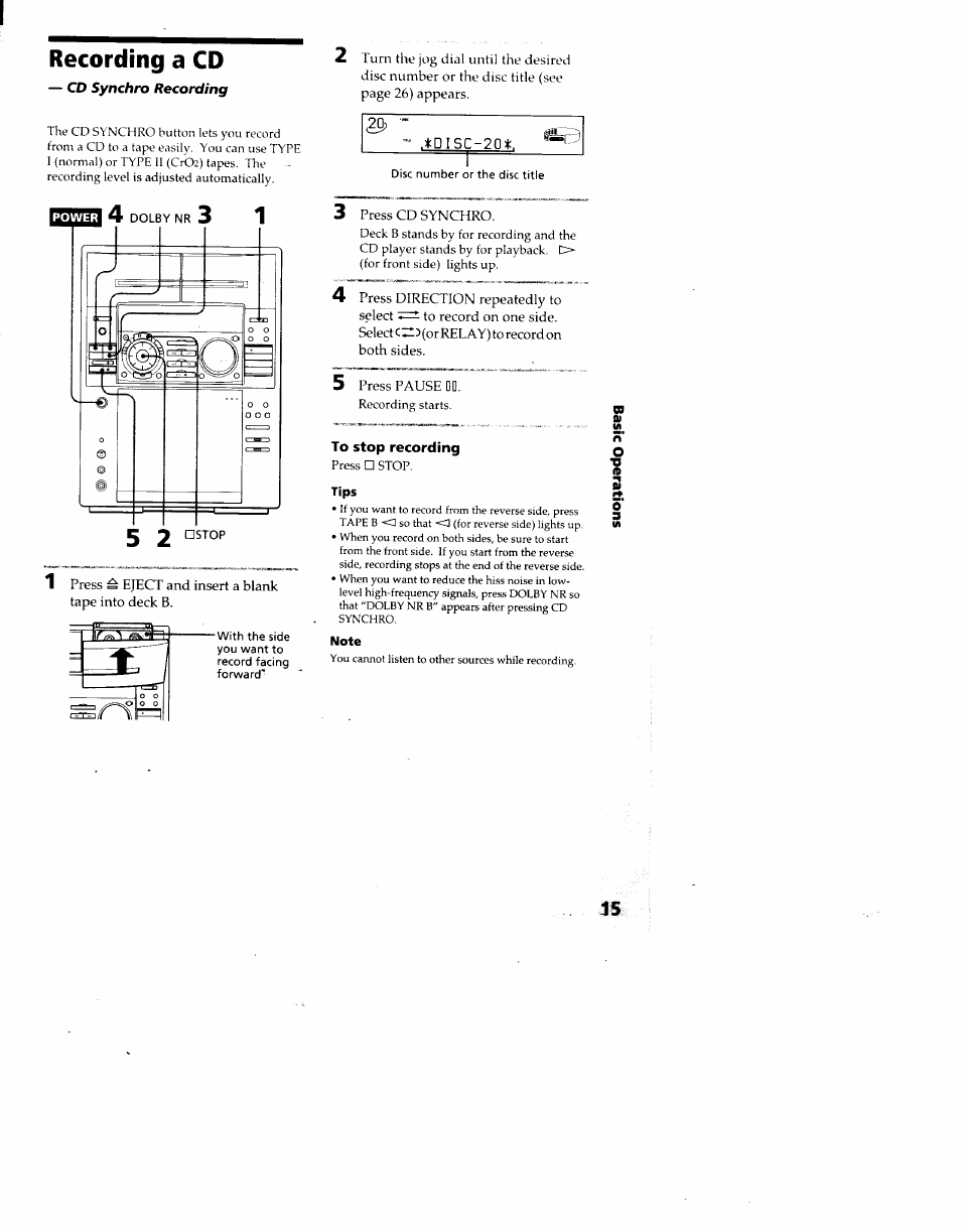 Recording a cd | Sony MHC-F100 User Manual | Page 15 / 50