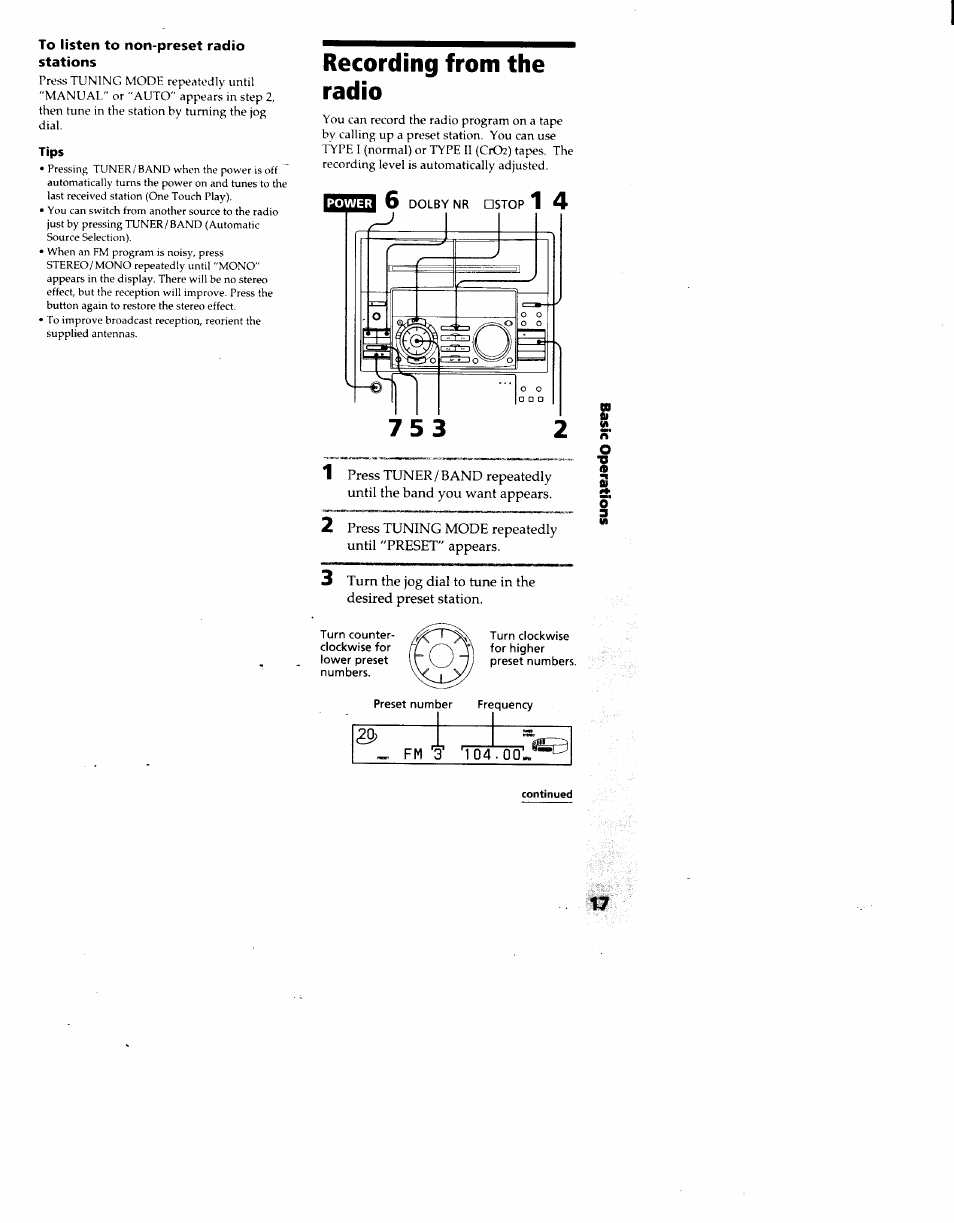 Recording from the radio | Sony MHC-F100 User Manual | Page 17 / 50