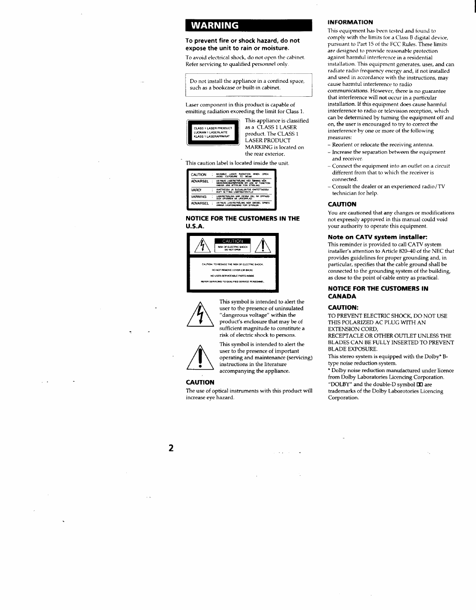 Notice for the customers in the u.s.a, Caution, Information | Notice for the customers in canada, Warning | Sony MHC-F100 User Manual | Page 2 / 50