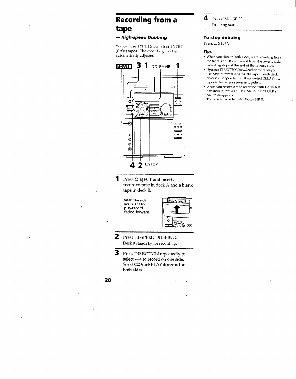 Recording from a tape | Sony MHC-F100 User Manual | Page 20 / 50