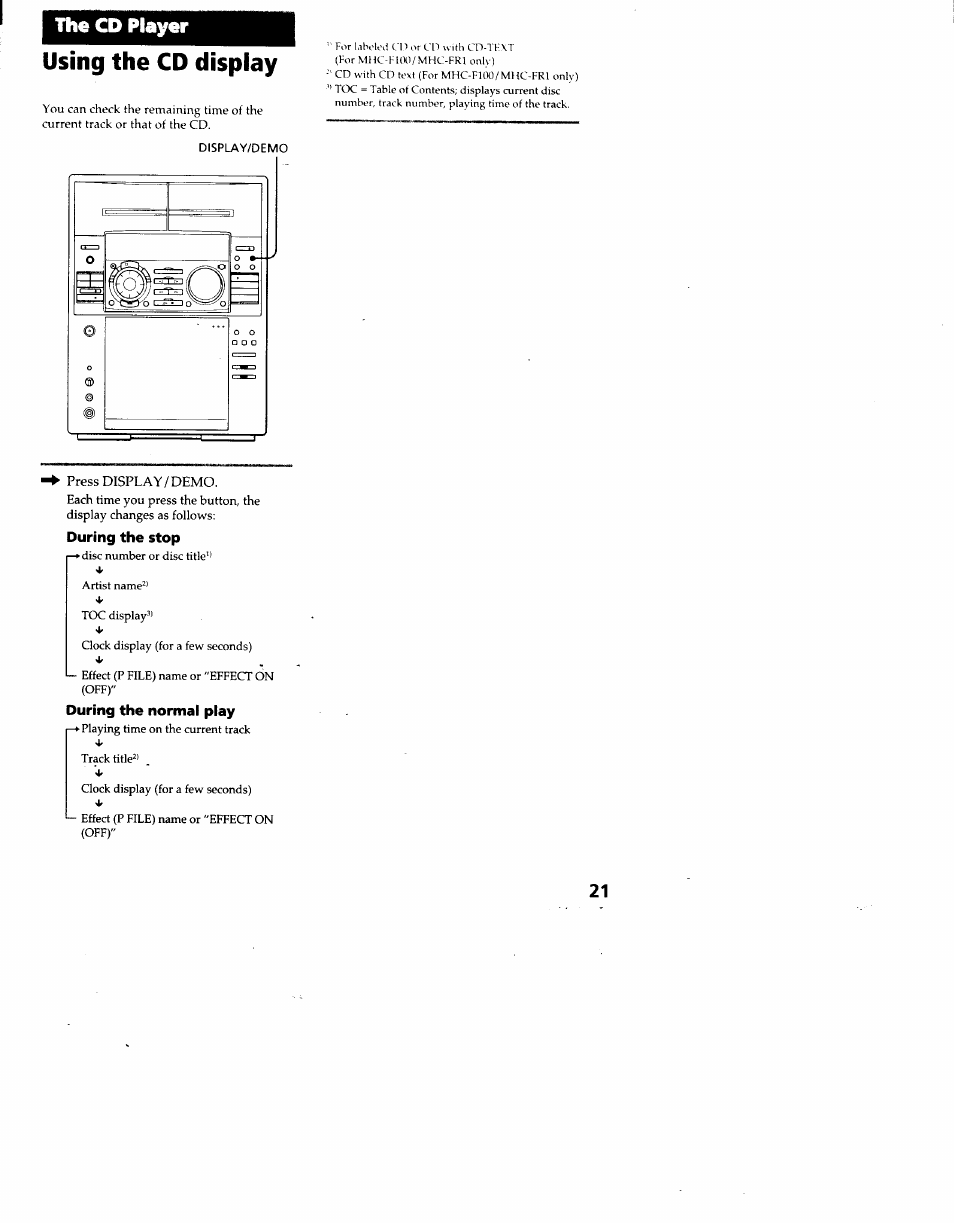 Using the cd display, During the stop, During the normal play | The cd player | Sony MHC-F100 User Manual | Page 21 / 50