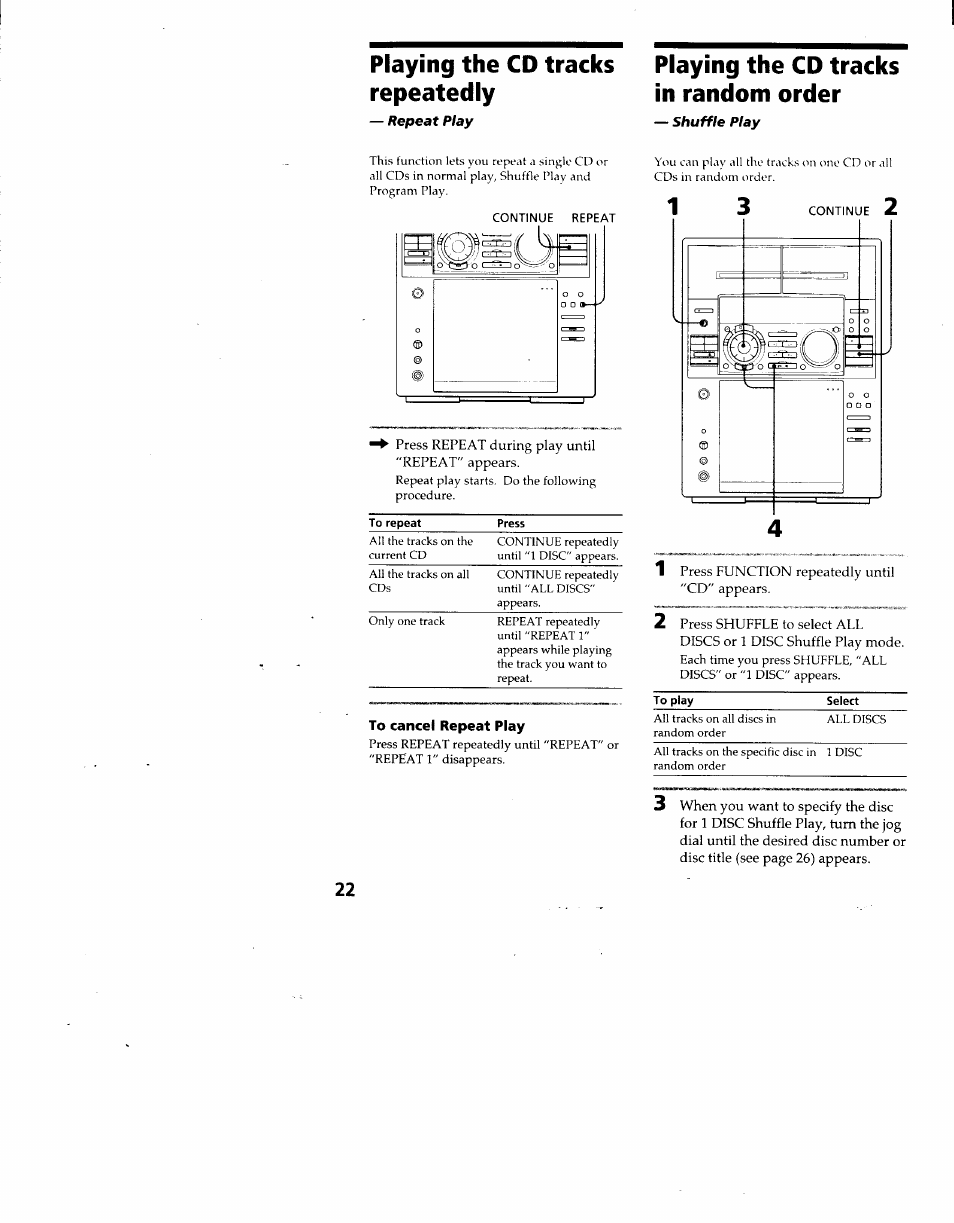 Playing the cd tracks repeatedly, Playing the cd tracks in random order | Sony MHC-F100 User Manual | Page 22 / 50