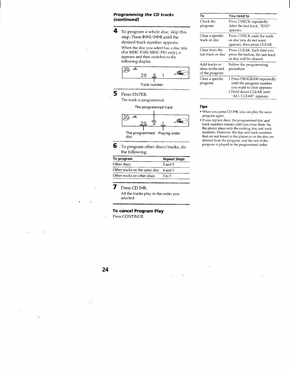 Tips, To cancel program play, 0, j .20. .r d | Sony MHC-F100 User Manual | Page 24 / 50