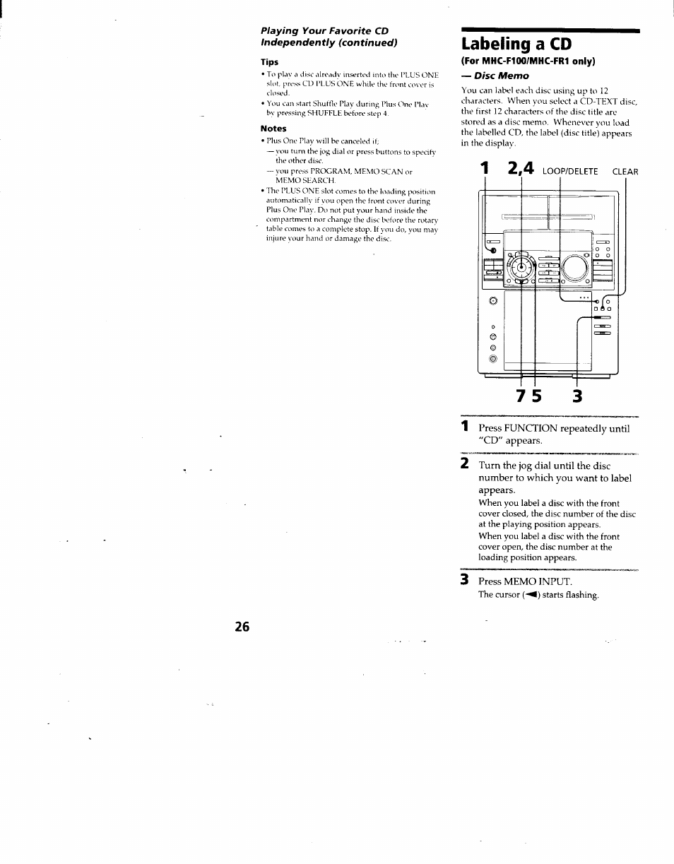 Tips, Notes, Labeling a cd | For mhc-f100/mhc-fr1 only), Labelling a cd | Sony MHC-F100 User Manual | Page 26 / 50