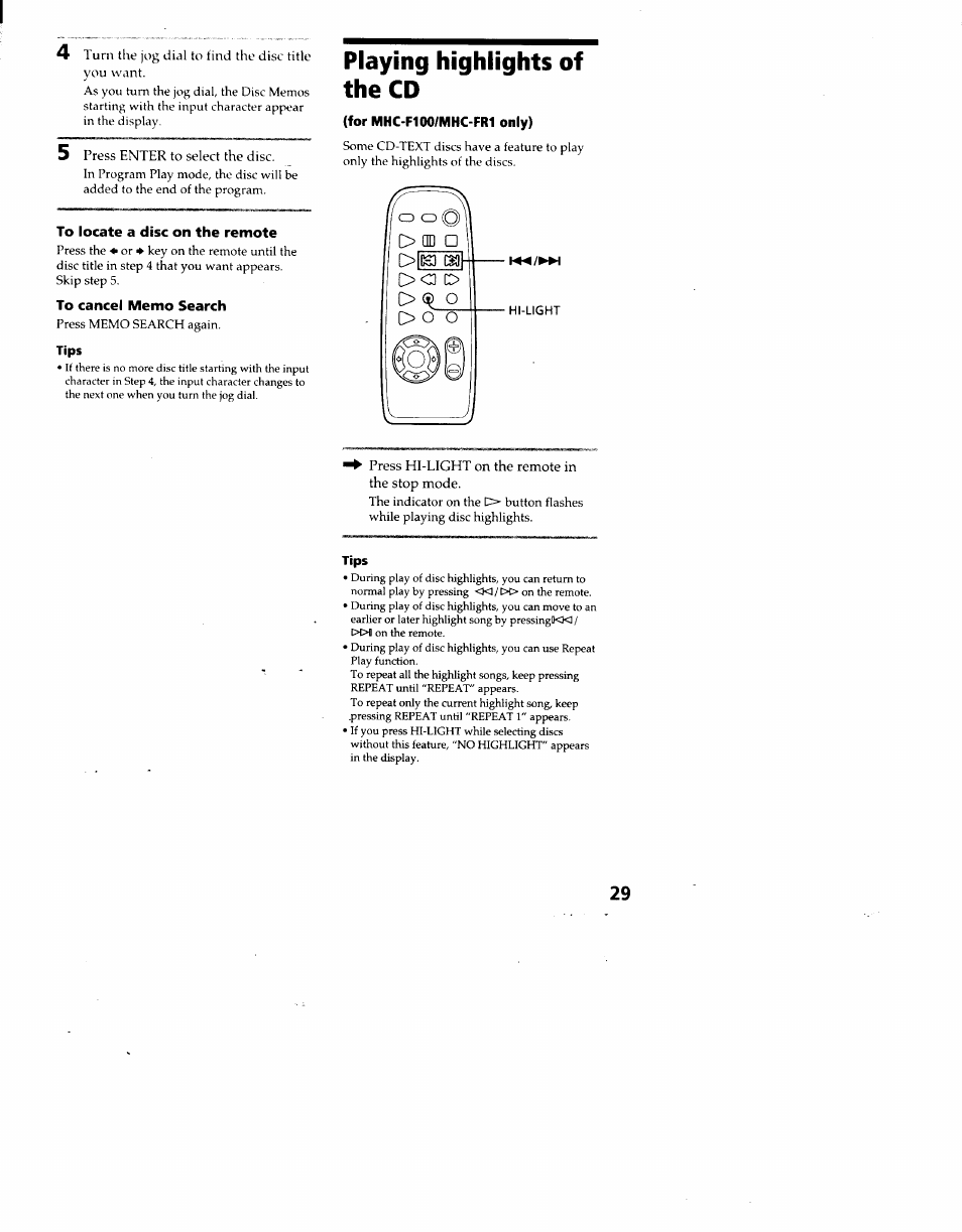 To locate a disc on the remote, To cancel memo search, Tips | Playing highiights of the cd, For mhc-f100/mhc-fr1 only), Playing highlights of the cd | Sony MHC-F100 User Manual | Page 29 / 50