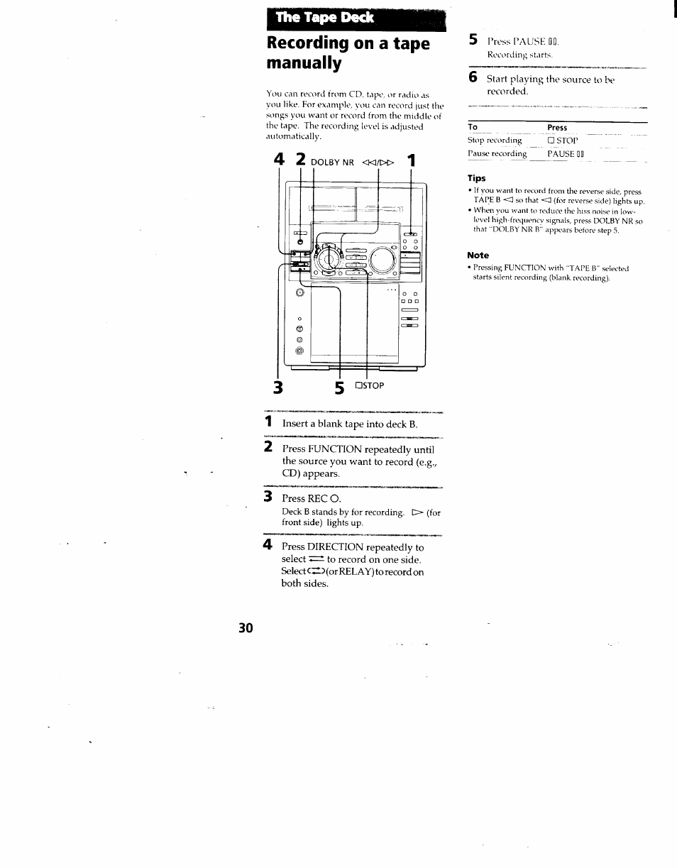 Recording on a tape manually, The tape deck | Sony MHC-F100 User Manual | Page 30 / 50