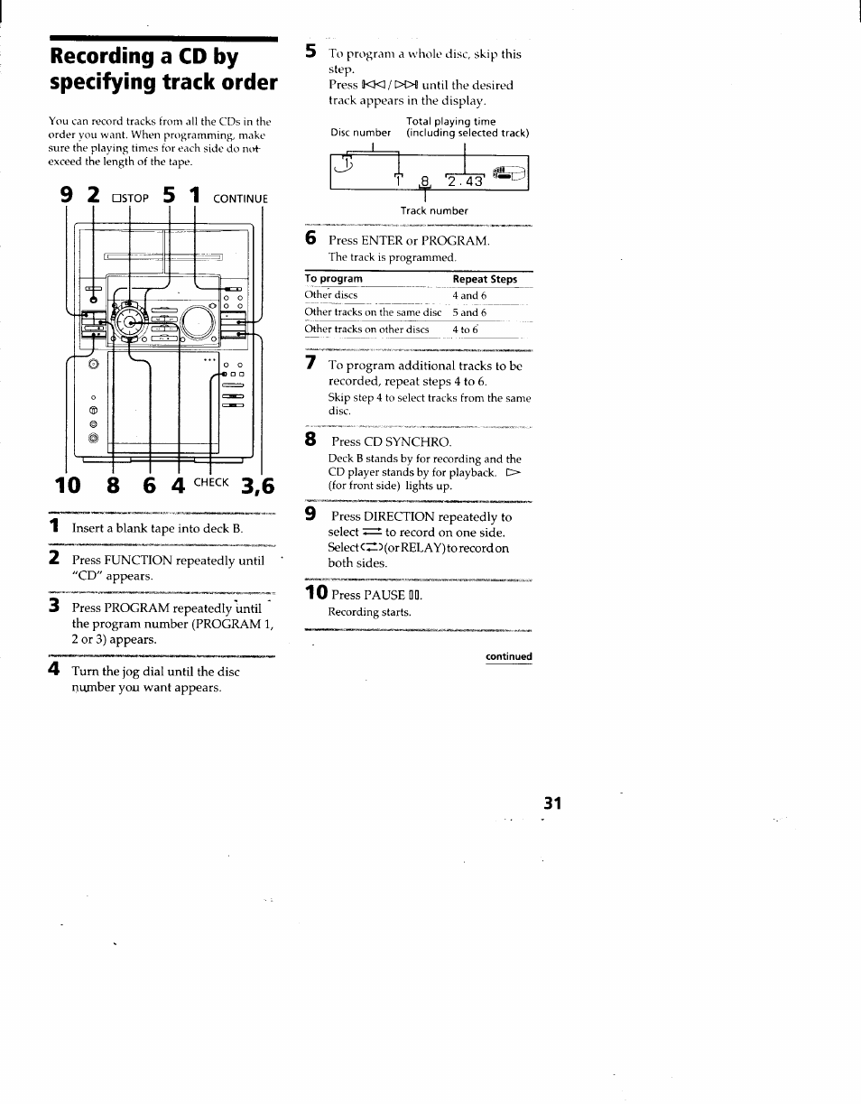 Recording a cd by specifying track order | Sony MHC-F100 User Manual | Page 31 / 50