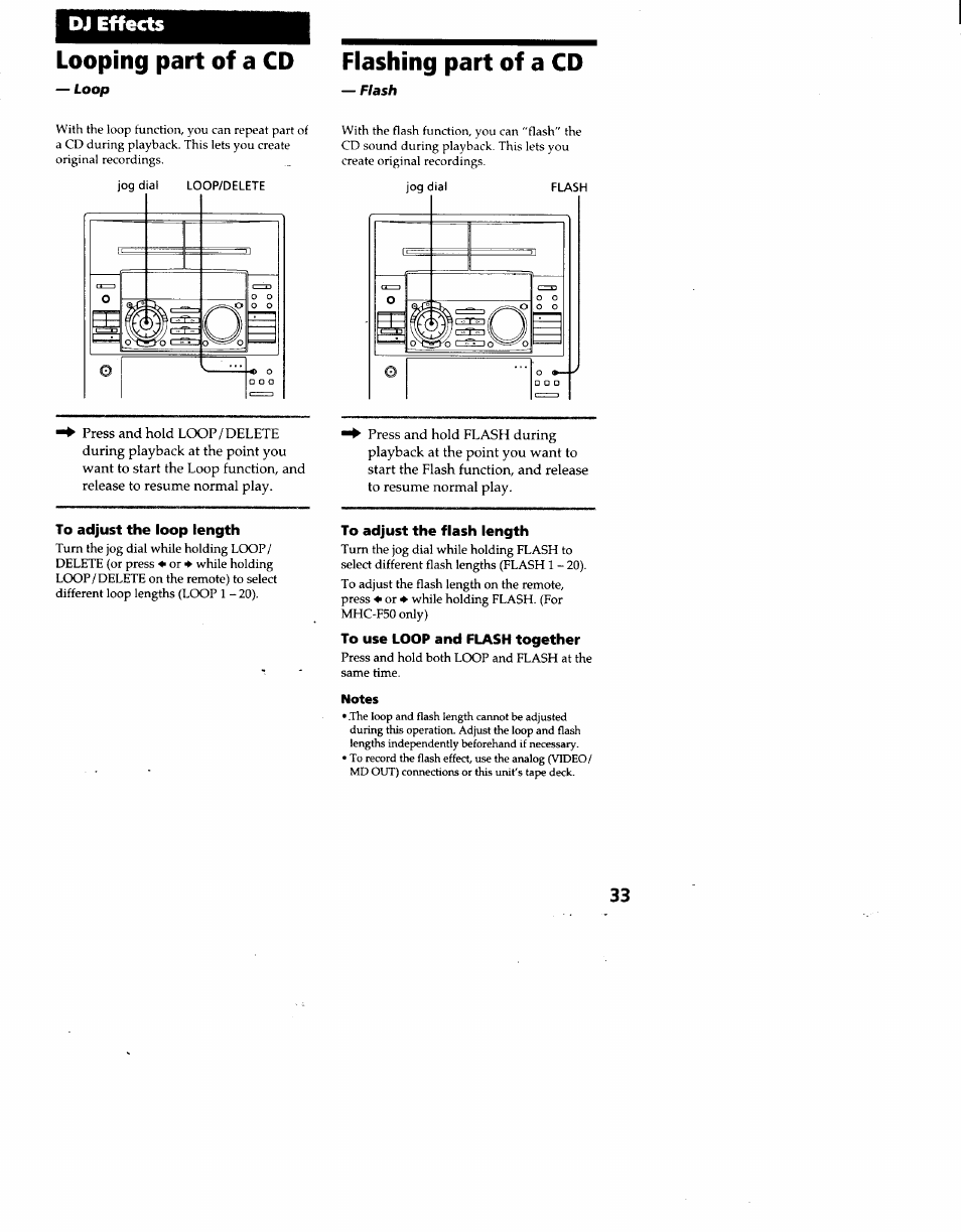 Looping part of a cd, Flashing part of a cd, To adjust the loop length | To adjust the flash length, To use loop and flash together, Notes, Dj effects | Sony MHC-F100 User Manual | Page 33 / 50
