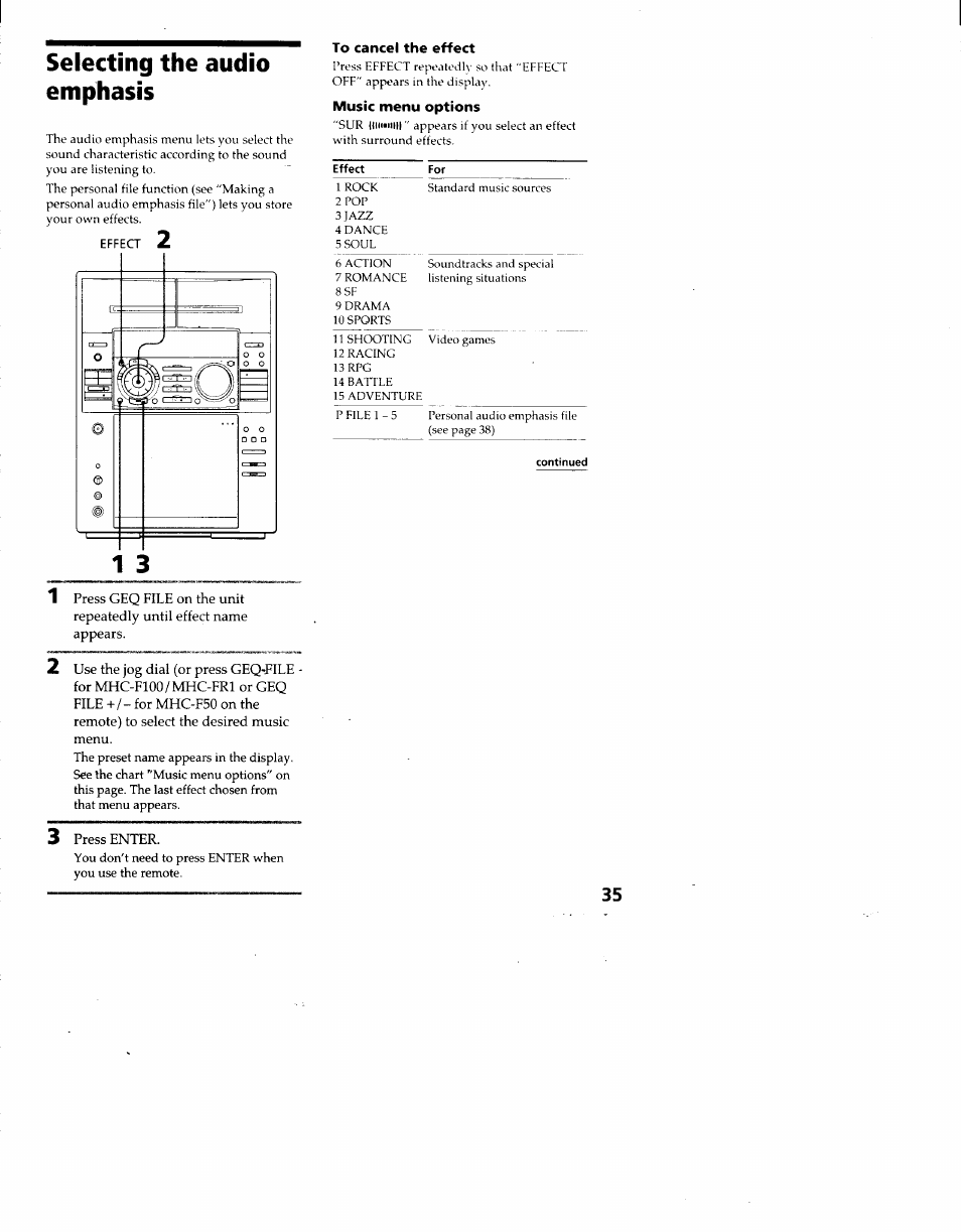Selecting the audio emphasis, To cancel the effect, Music menu options | Sony MHC-F100 User Manual | Page 35 / 50