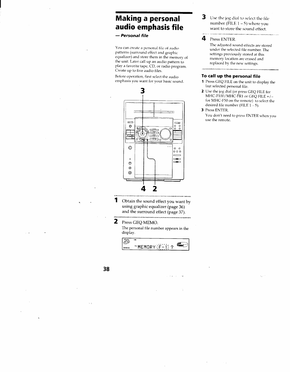 Making a personal audio emphasis file, To call up the personal file, Making a personal audio emphasis | File | Sony MHC-F100 User Manual | Page 38 / 50