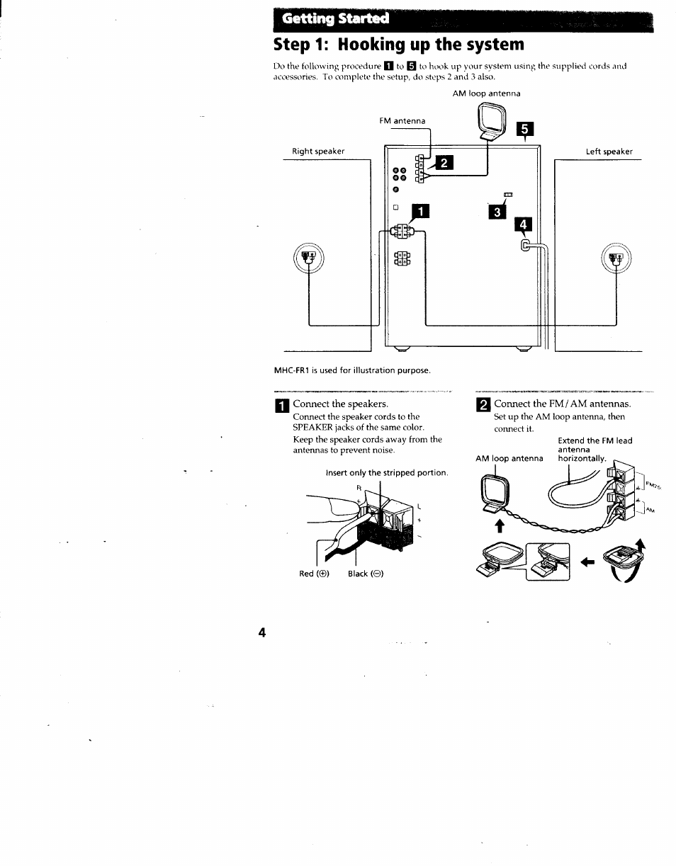Step 1: hooking up the system, Step 1 : hooking up the system, Getting started | Sony MHC-F100 User Manual | Page 4 / 50