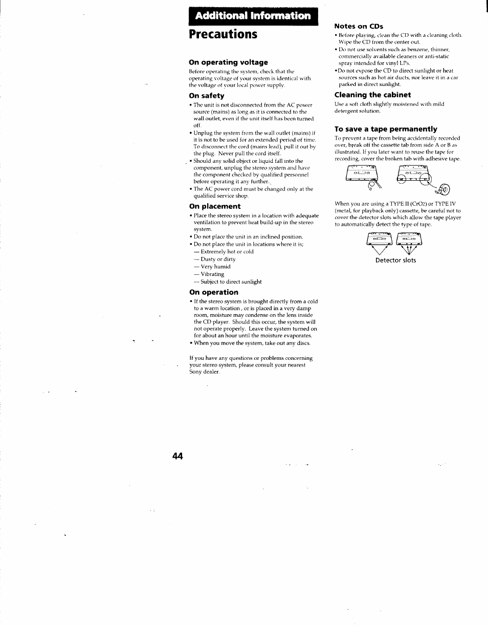 Precautions, On operating voltage, On safety | On placement, On operation, Notes on cds, Cleaning the cabinet, To save a tape permanently, Additional information | Sony MHC-F100 User Manual | Page 44 / 50