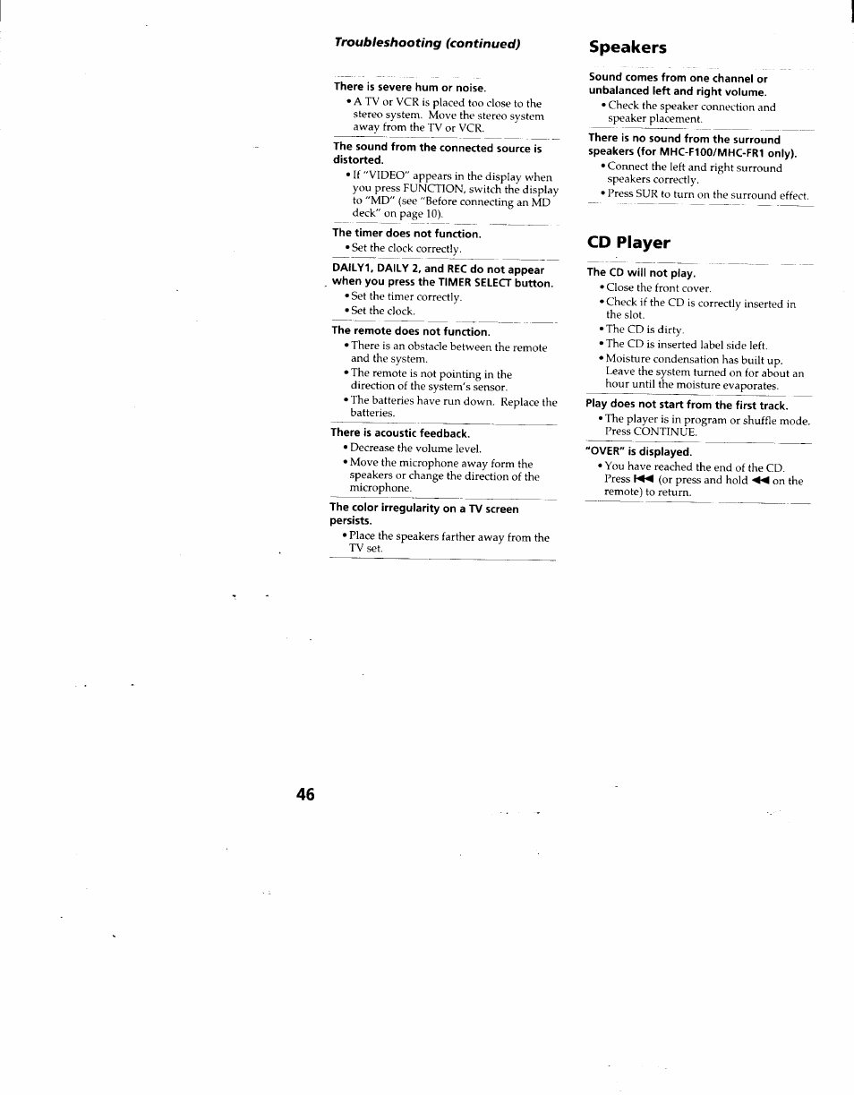 Cd player, Speakers | Sony MHC-F100 User Manual | Page 46 / 50
