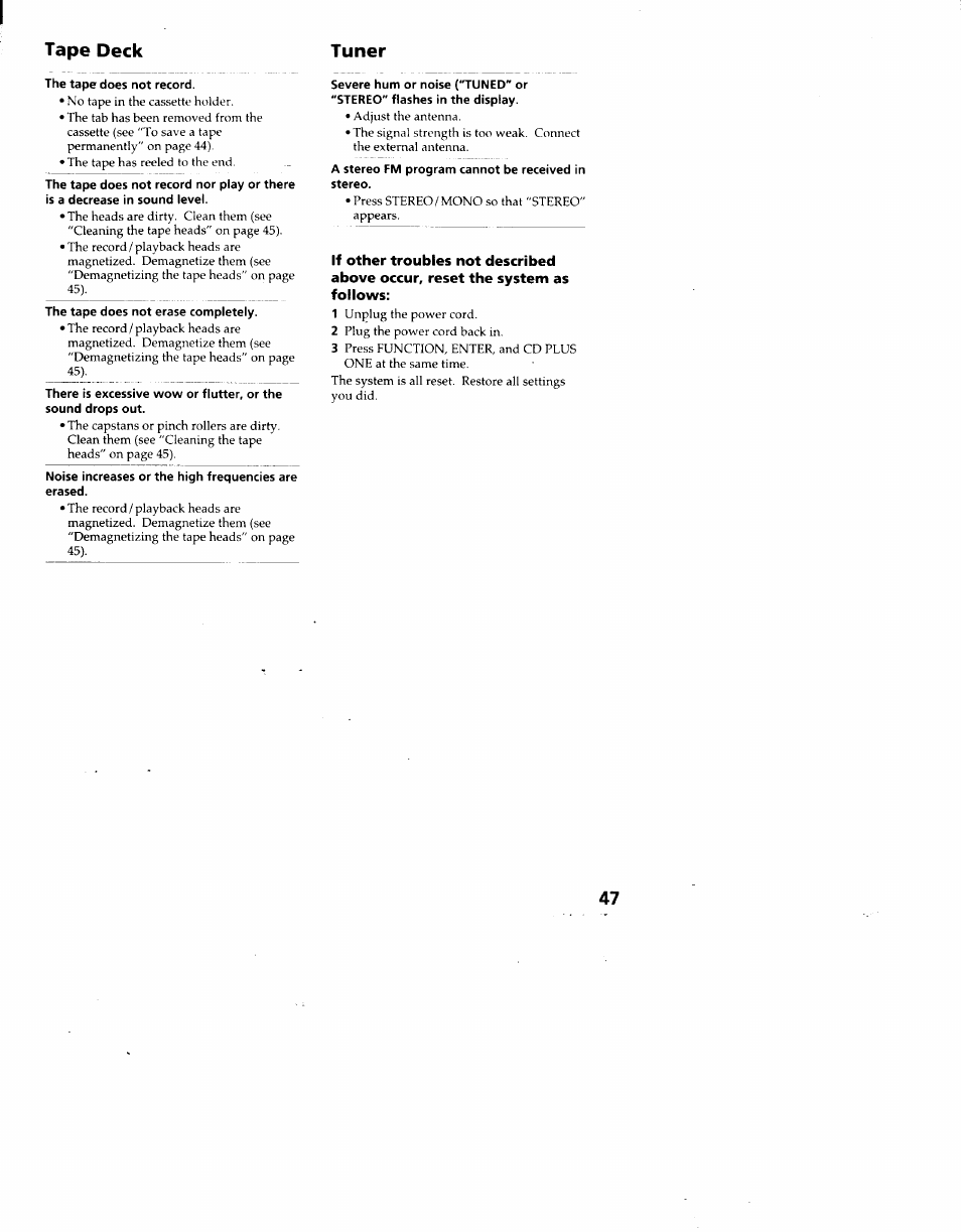 Tape deck, Tuner | Sony MHC-F100 User Manual | Page 47 / 50