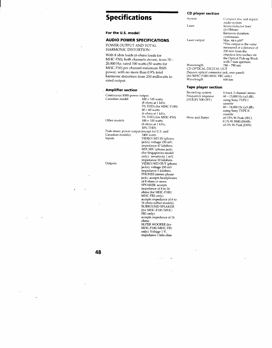 Specifications, For the u.s. model, Audio power specifications | Amplifier section, Cd player section, Tape player section | Sony MHC-F100 User Manual | Page 48 / 50
