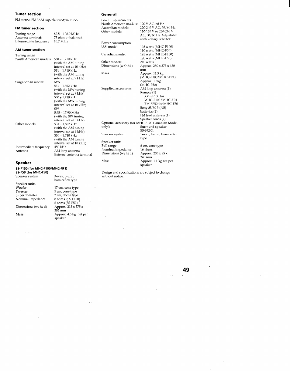 Tuner section, Speaker, General | Sony MHC-F100 User Manual | Page 49 / 50