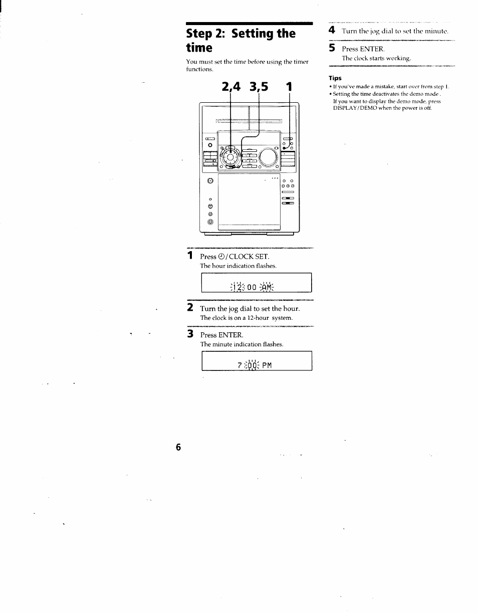 Tips, Step 2: setting the time | Sony MHC-F100 User Manual | Page 6 / 50