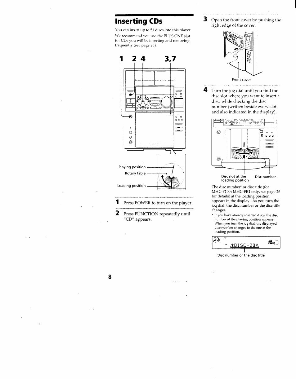 Inserting cds | Sony MHC-F100 User Manual | Page 8 / 50