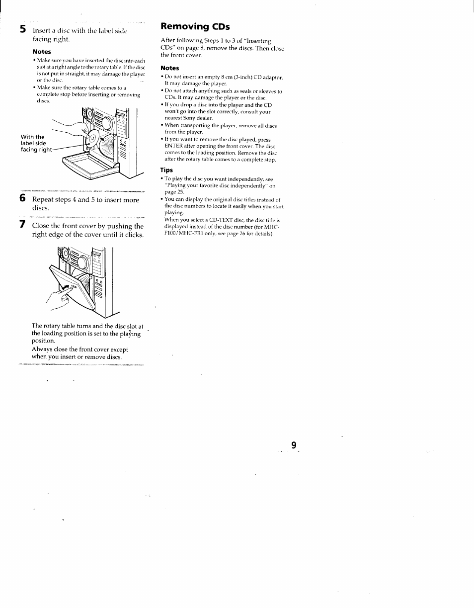 Notes, Removing cds | Sony MHC-F100 User Manual | Page 9 / 50
