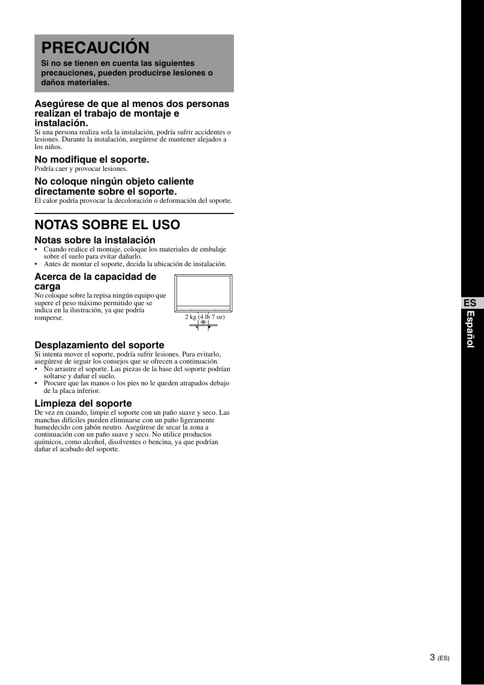 Precaución, Notas sobre el uso | Sony SU-FL71M User Manual | Page 19 / 28