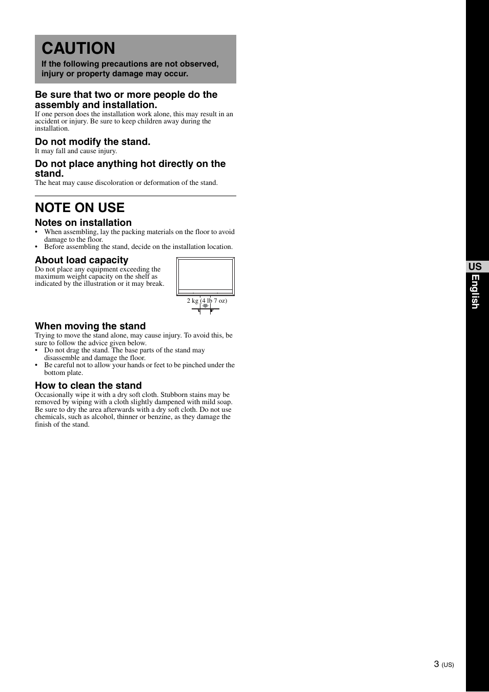 Caution | Sony SU-FL71M User Manual | Page 3 / 28