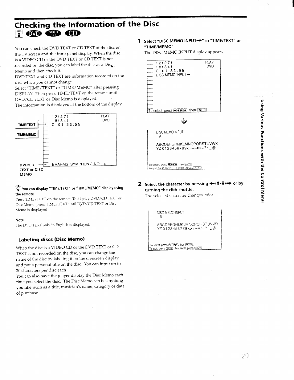 Checking the information of the disc, Time/text, Tiniememo | Note, Labeling discs (disc memo), Checking the information of the disc \f | Sony DVP-S550D User Manual | Page 29 / 74