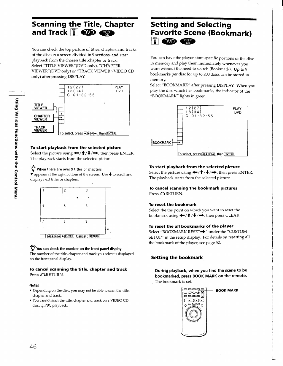 Scanning the title, chapter and track, Setting and selecting favorite scene (bookmark) | Sony DVP-S550D User Manual | Page 44 / 74
