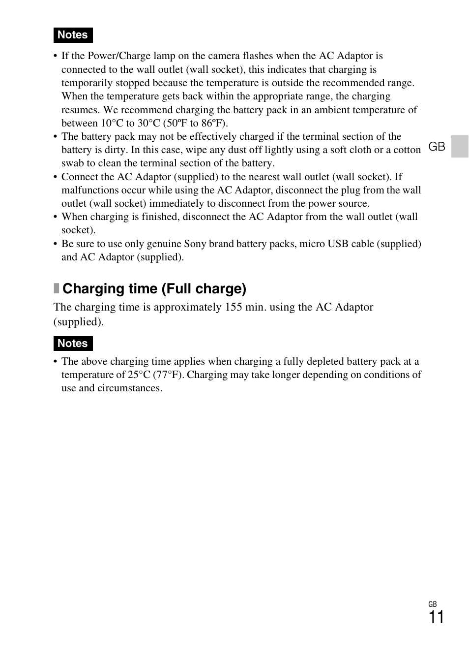 Xcharging time (full charge) | Sony DSC-RX100 User Manual | Page 11 / 68
