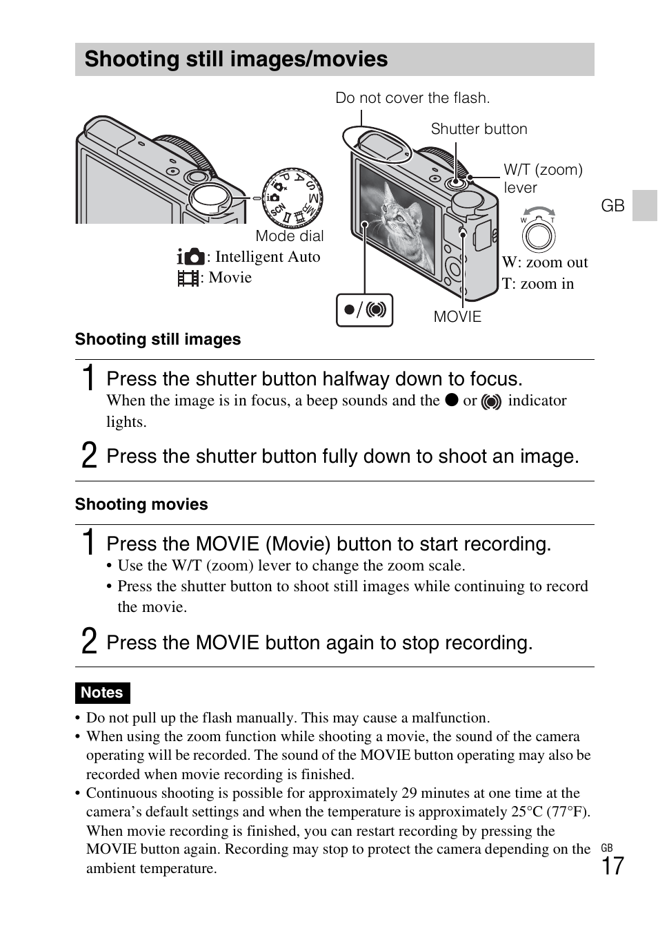 Shooting still images/movies | Sony DSC-RX100 User Manual | Page 17 / 68